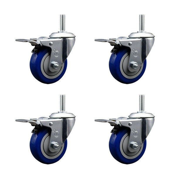 Service Caster 4 Inch Blue Polyurethane Swivel 34 Inch Threaded Stem Caster Set with Total Lock Brake SCC-TSTTL20S414-PPUB-BLUE-34212-4 - main